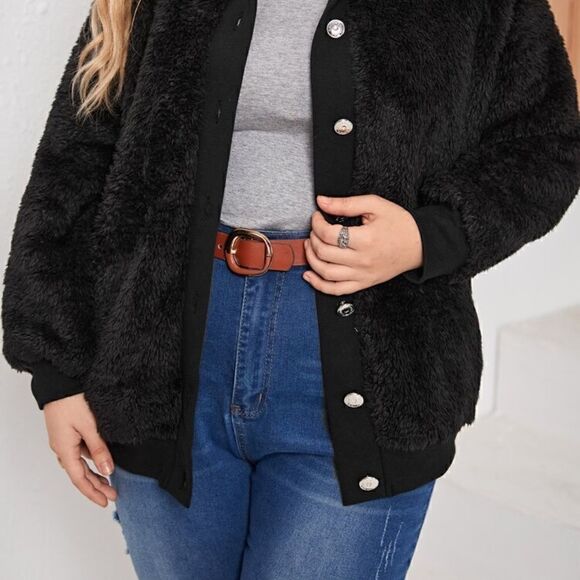 NEW! Super soft and warm PLUS Size Black Fuzzy Teddy Coat Jacket Button Front - Picture 5 of 5